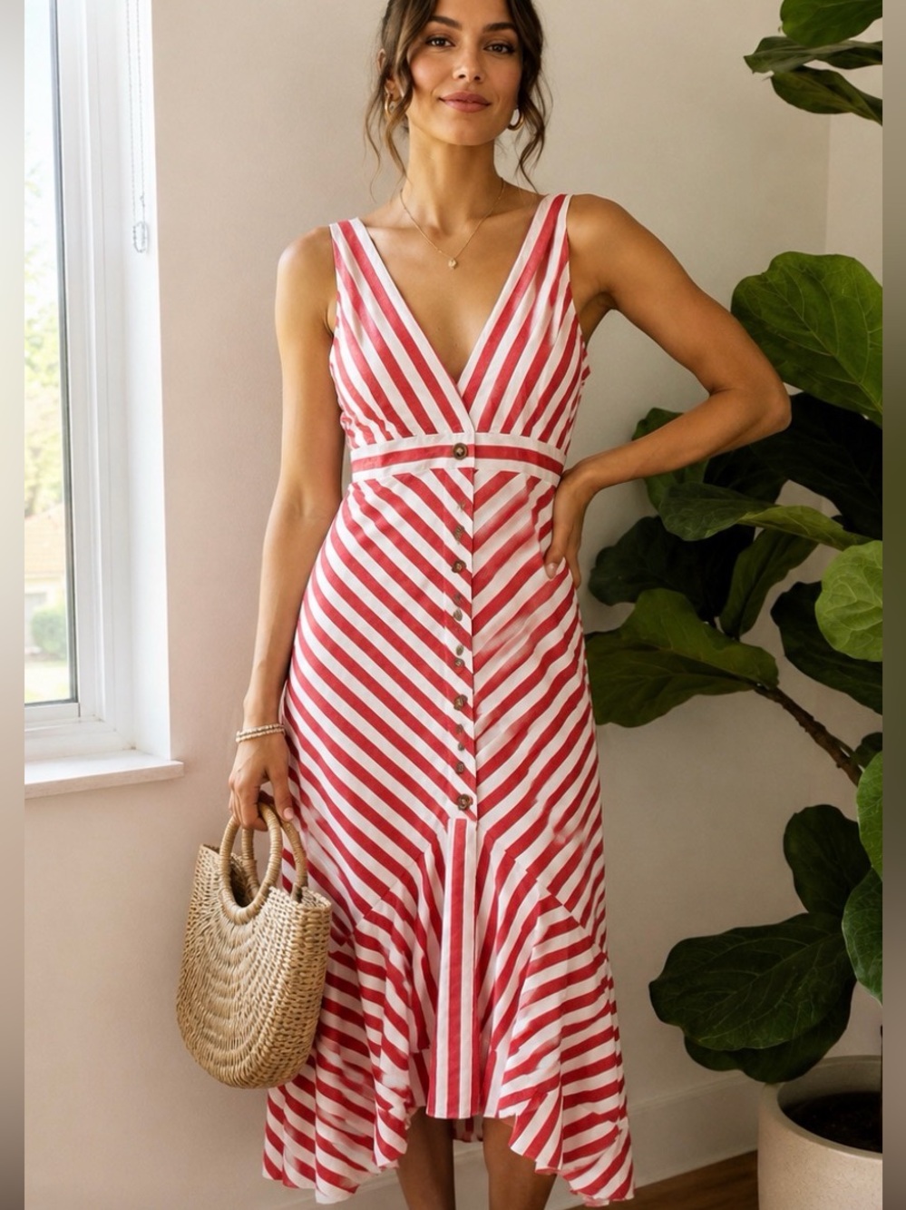 Davi & Dani Red & White Striped Linen Blend Midi Dress | NWT | Size Large